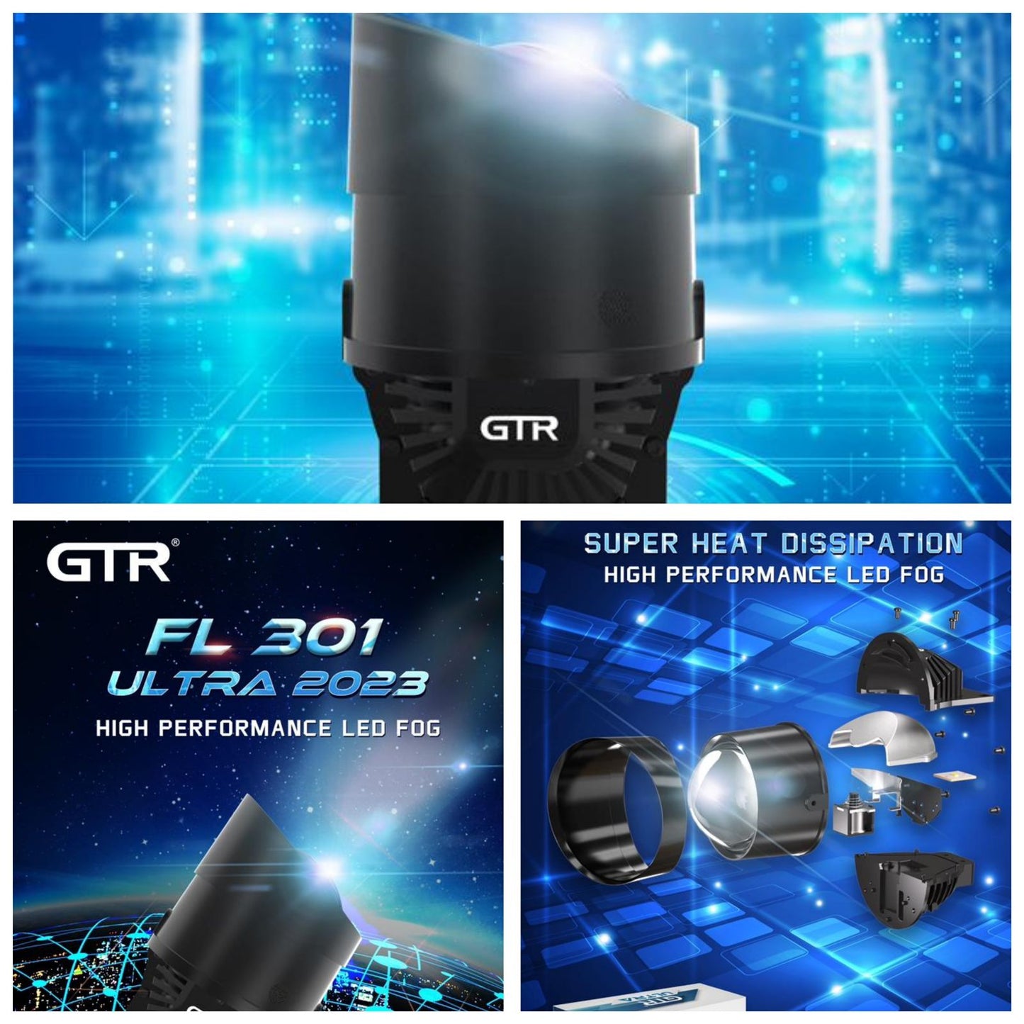 GTR 90W FL301 Fog Projector Lamp with High/ Low Beam blue lens with bracket