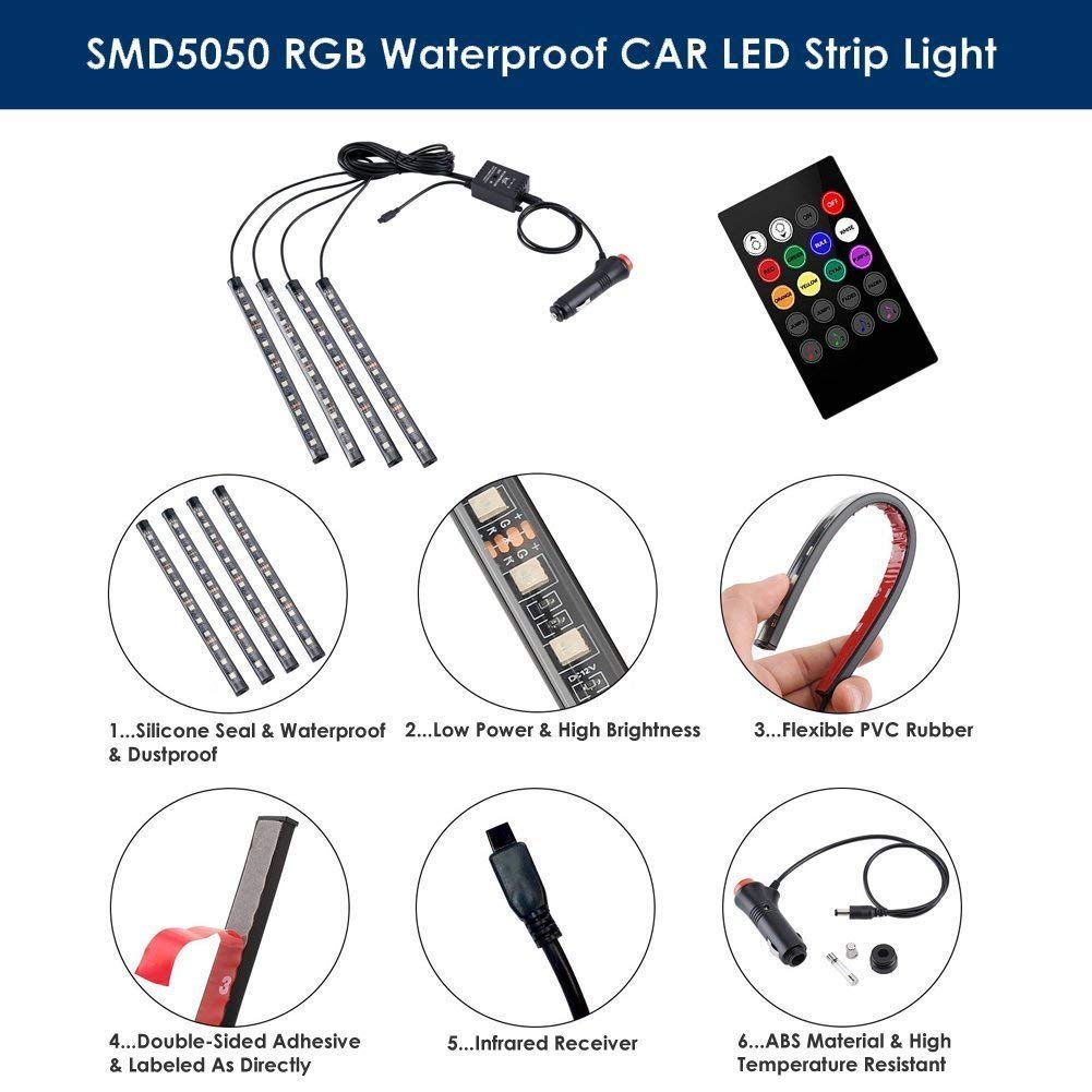 4pcs 48 LED DC 12V Multicolour Music Strip Atmosphere Car Interior Under Dash Lighting Kit