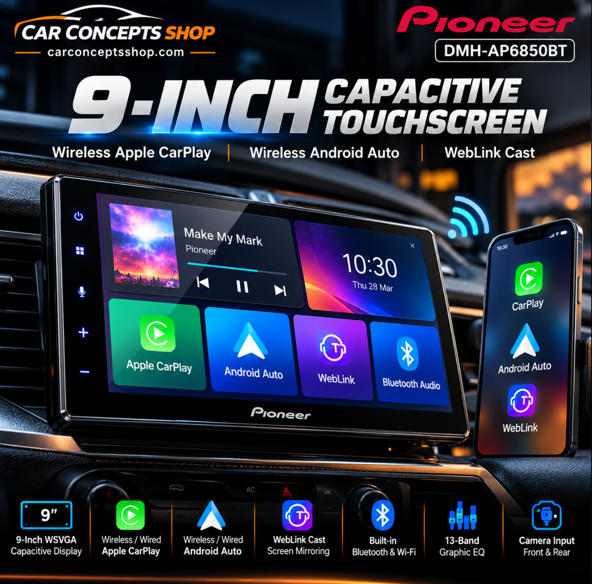 Pioneer DMH-AP6850BT Review — 9" Wireless CarPlay Head Unit at ₹28,999 | Car Concepts Shop