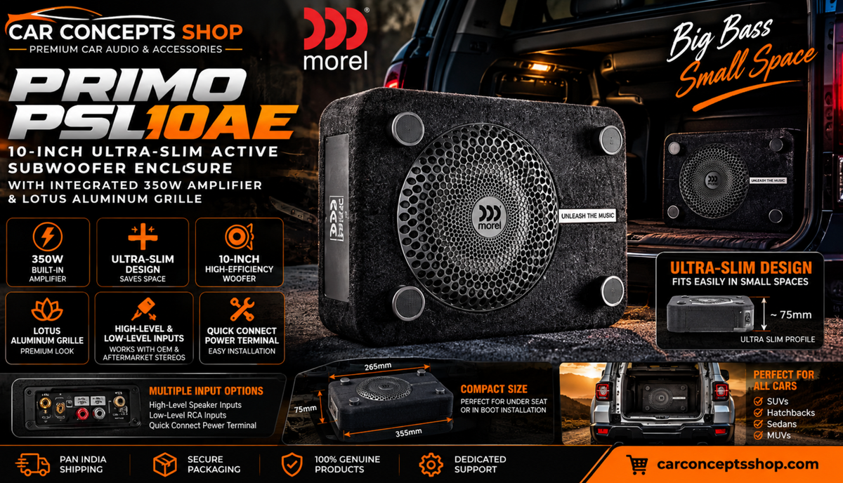 Morel Primo PSL10AE Review — 10-Inch Ultra-Slim Active Subwoofer, 350W Integrated Amp, Works With Any Head Unit | Car Concepts Shop