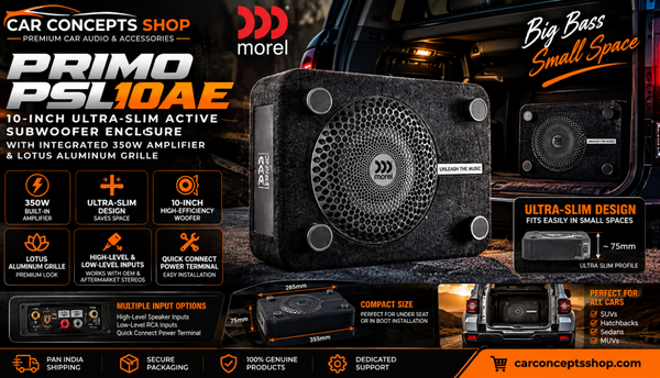 Morel Primo PSL10AE Review — 10-Inch Ultra-Slim Active Subwoofer, 350W Integrated Amp, Works With Any Head Unit | Car Concepts Shop
