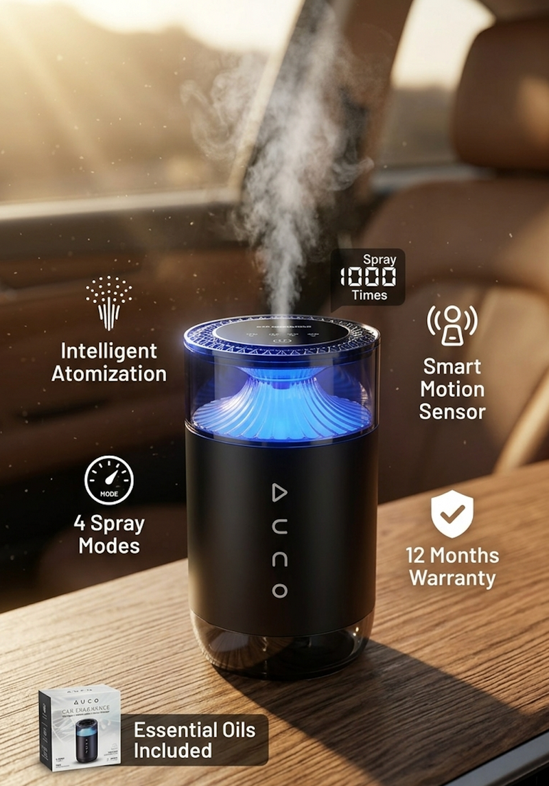 AUCO Intelligent Atomization Car Fragrance Aroma Diffuser (4 Spray Modes | 800mAh Rechargeable Battery | Light Luxury Alloy)