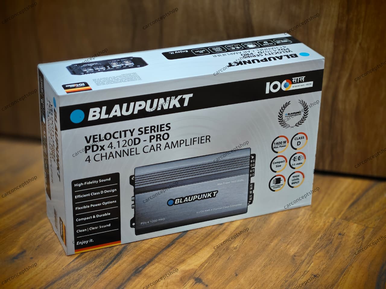 Blaupunkt Velocity Series PDx 4.120D - PRO compact 4-channel Class D car amplifier in a sleek black finish with gold-plated terminals.