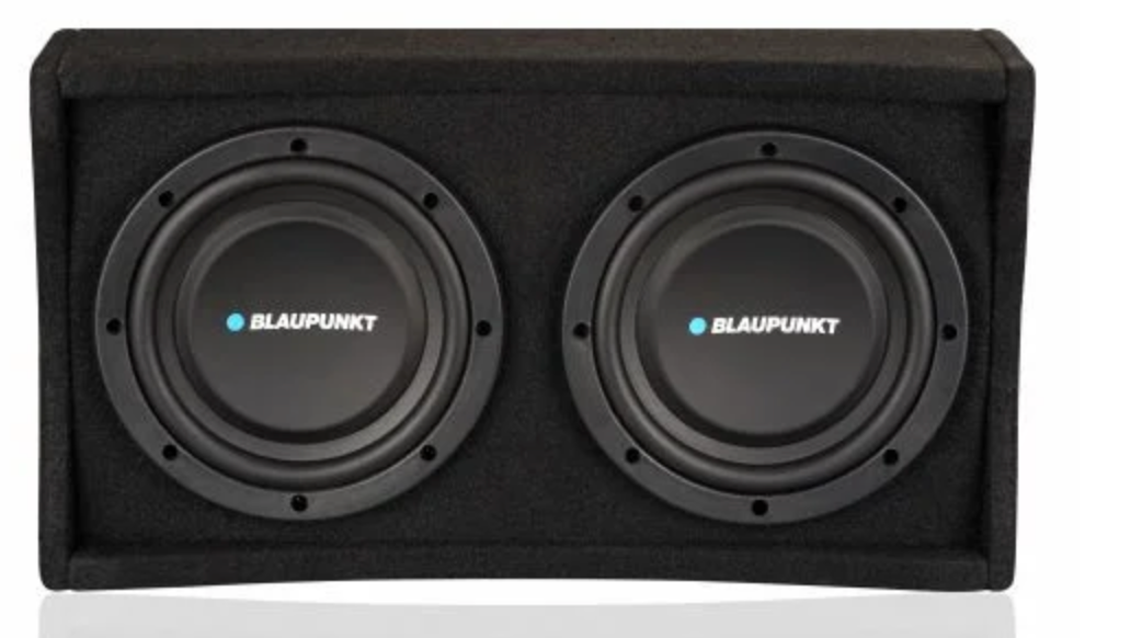 Blaupunkt TXb 2002A 8-inch active down-firing subwoofer enclosure with integrated Class D amplifier and wired external bass controller for car audio systems.