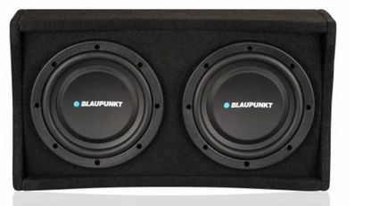Blaupunkt TXb 2002A 8-inch active down-firing subwoofer enclosure with integrated Class D amplifier and wired external bass controller for car audio systems.