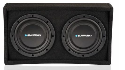 Blaupunkt TXb 2002A 8-inch active down-firing subwoofer enclosure with integrated Class D amplifier and wired external bass controller for car audio systems.