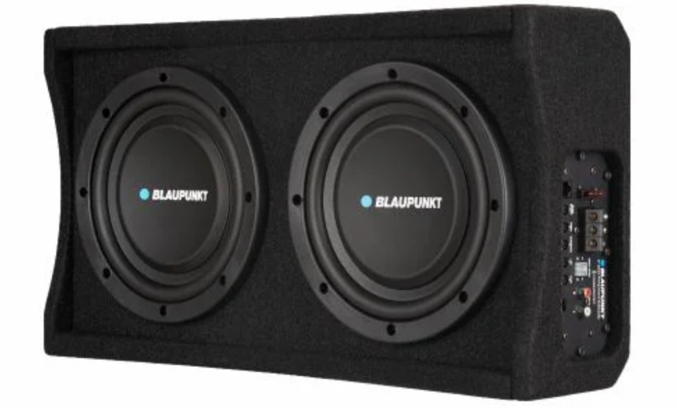 Blaupunkt TXb 2002A 8-inch active down-firing subwoofer enclosure with integrated Class D amplifier and wired external bass controller for car audio systems.