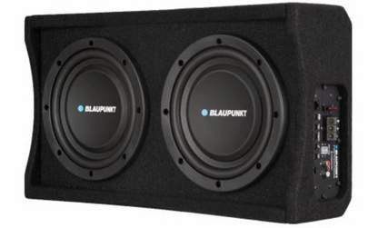 Blaupunkt TXb 2002A 8-inch active down-firing subwoofer enclosure with integrated Class D amplifier and wired external bass controller for car audio systems.