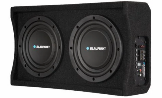 Blaupunkt TXb 2002A 8-inch active down-firing subwoofer enclosure with integrated Class D amplifier and wired external bass controller for car audio systems.