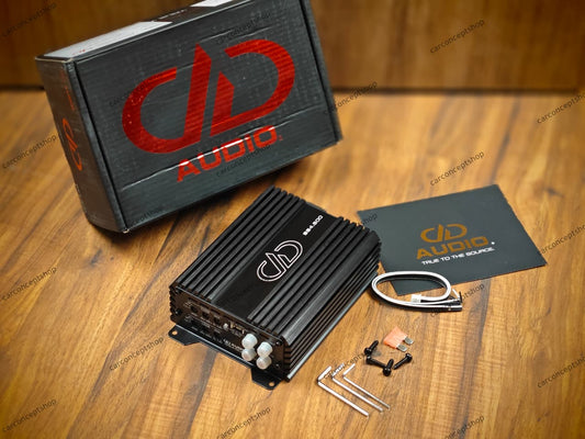 DD Audio SS4.500 super small 4-channel amplifier featuring a heavy-duty silver aluminum heatsink, gold-plated RCA inputs, and set-screw terminals.