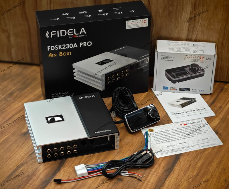 FIDELA by Nakamichi FDSK230A PRO 8-Channel DSP Amplifier & AC-6 HD Remote Controller Package (31-Band EQ | 70W x 4 Built-In Amp | Optical Input)