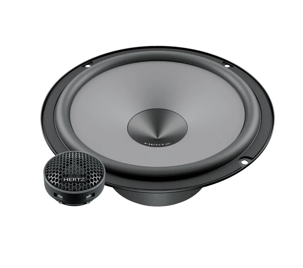 Hertz Uno K165 6.5-inch 2-way component speaker system, showcasing the mid-bass woofer with V-cone design and the separate PEI dome tweeters with integrated crossovers