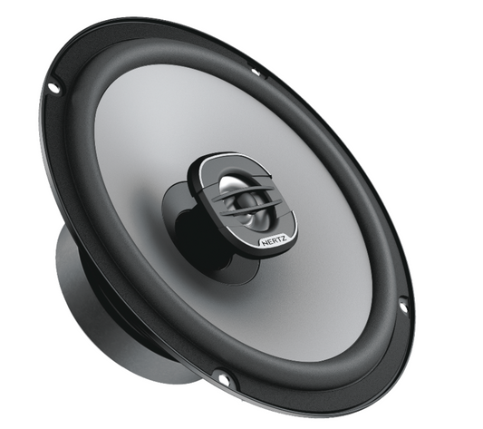 Hertz Uno X 165 6.5-inch 2-way coaxial car speakers, featuring a water-repellent pressed-paper woofer cone and integrated PEI dome tweeter