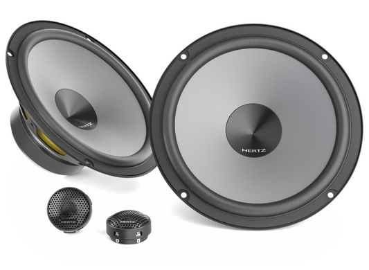 Hertz Uno series audio upgrade combo, featuring the K165 2-way component system on the left and the X165 coaxial system on the right, arranged for a professional car audio installation showcase.