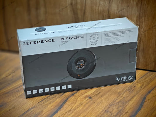 Infinity Reference REF-6532ix 6.5-inch coaxial car speakers with Plus One woofer cones and edge-driven textile tweeters, including protective grilles and mounting hardware.