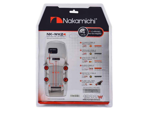 Nakamichi 4-channel amplifier wiring kit displayed with power cables, 4-channel RCA interconnects, fuse holder, and essential terminal accessories for car audio installation.