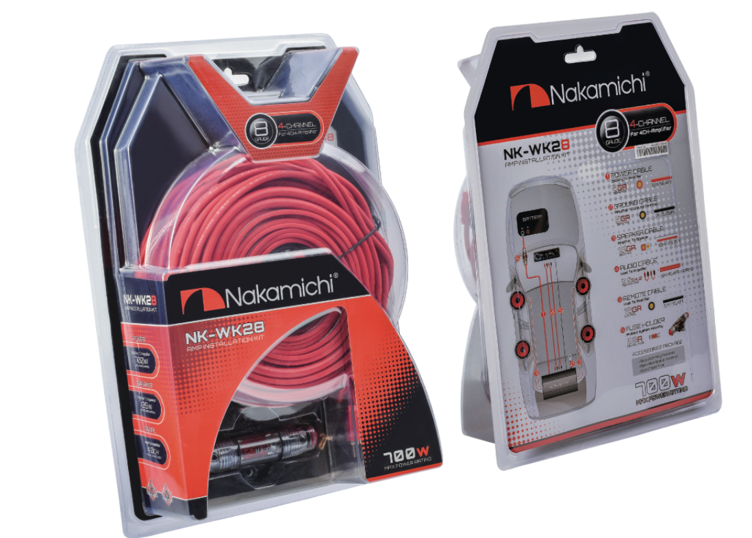 Nakamichi NK-WK18 8-gauge 2-channel amplifier wiring kit, displayed with all included power, ground, speaker, RCA, and remote cables along with terminals and fuse holder.