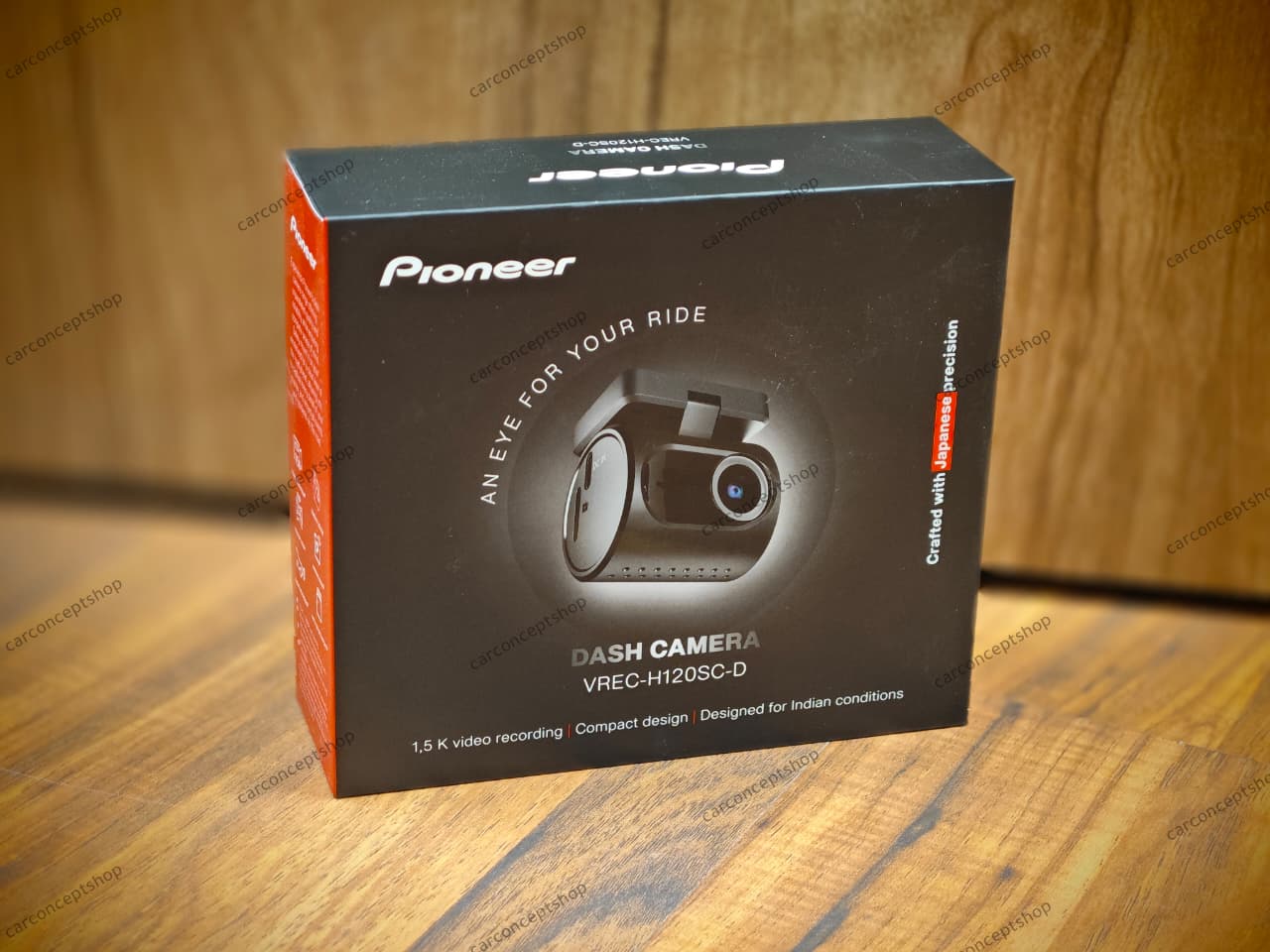 Pioneer VREC-H120SC-D ultra-compact dash camera in a matte black finish featuring a 2MP lens and integrated mounting bracket.