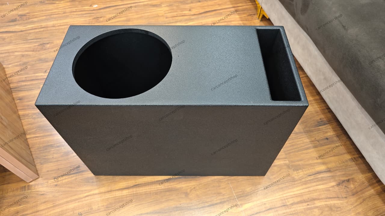 Professional 12-inch high-output vented subwoofer enclosure with a rugged black textured finish and 3-inch slot port.