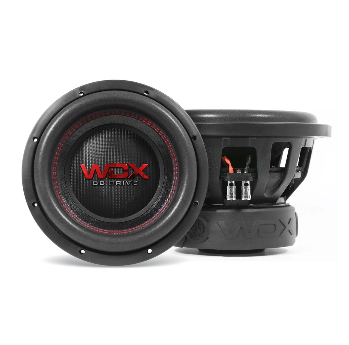 DB Drive WDX8G1.4 8-inch subwoofer featuring a thick high-roll foam surround, non-pressed paper cone, and a heavy-duty die-cast aluminum basket with WDX branding.