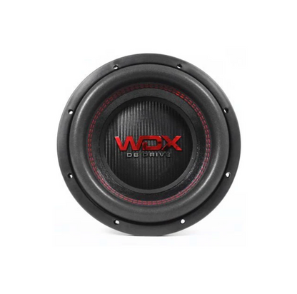DB Drive WDX8G1.4 8-inch subwoofer featuring a thick high-roll foam surround, non-pressed paper cone, and a heavy-duty die-cast aluminum basket with WDX branding.