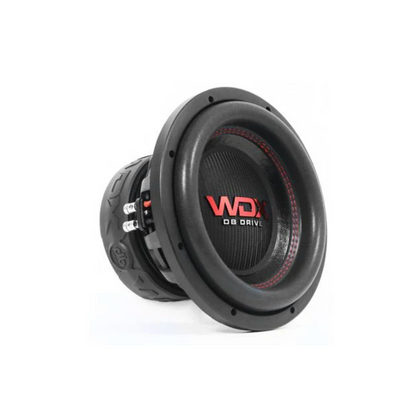 DB Drive WDX8G1.4 8-inch subwoofer featuring a thick high-roll foam surround, non-pressed paper cone, and a heavy-duty die-cast aluminum basket with WDX branding.