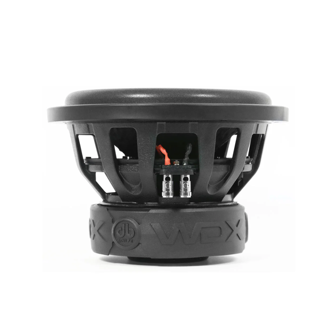 DB Drive WDX8G1.4 8-inch subwoofer featuring a thick high-roll foam surround, non-pressed paper cone, and a heavy-duty die-cast aluminum basket with WDX branding.