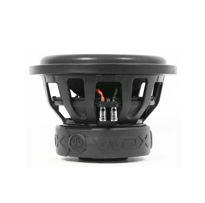 DB Drive WDX8G1.4 8-inch subwoofer featuring a thick high-roll foam surround, non-pressed paper cone, and a heavy-duty die-cast aluminum basket with WDX branding.