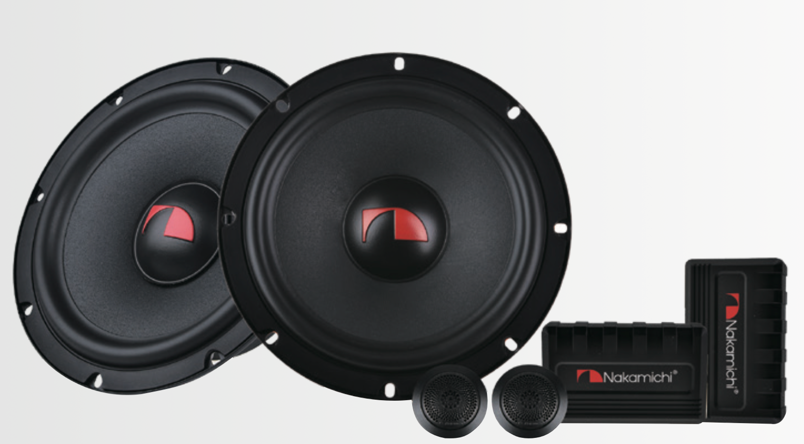Nakamichi NSA-CS1721 6.75-inch 2-way component speaker set, including separate woofers, dedicated tweeters, and external crossover modules on a clean background.