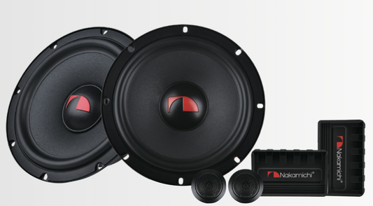 Nakamichi NSA-CS1721 6.75-inch 2-way component speaker set, including separate woofers, dedicated tweeters, and external crossover modules on a clean background.