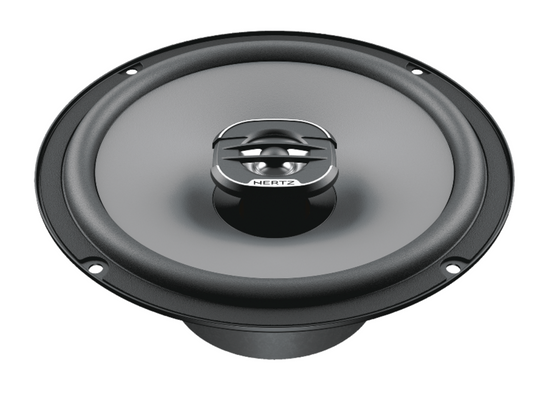 Hertz Uno X 165 6.5-inch 2-way coaxial car speakers, featuring a water-repellent pressed-paper woofer cone and integrated PEI dome tweeter