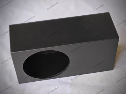 Front perspective of a 24.75-inch long ultra-slim 12-inch subwoofer enclosure with a rugged black finish.