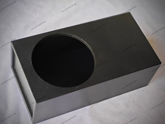 Front perspective of a 24.75-inch long ultra-slim 12-inch subwoofer enclosure with a rugged black finish.