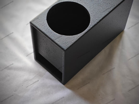 Front view of a professional 8-inch slim subwoofer enclosure with a lower-side slot port and rugged black finish.