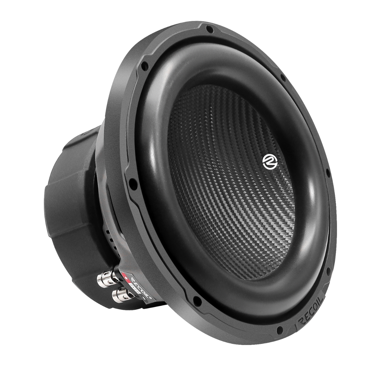 Recoil Echo Pro Series 10-inch subwoofer showing the thick IMPP cone with reinforced black stitching, high-density foam surround, and custom magnet cover.